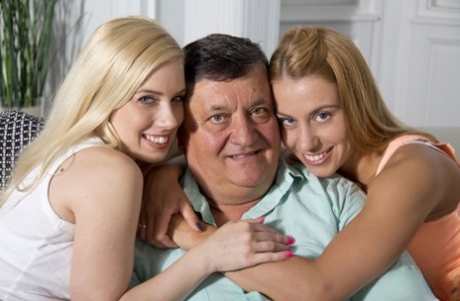 2 young girls pleasure a fat old man together instead of cleaning his house