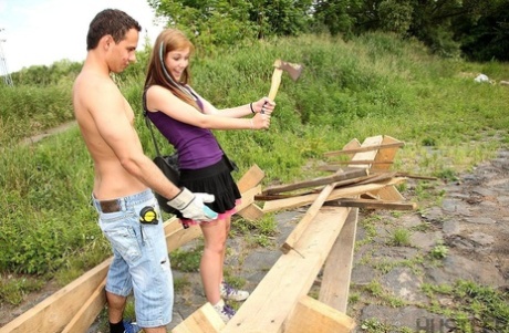 Anouk isn't excited with chopping wood and gets fucked in the countryside