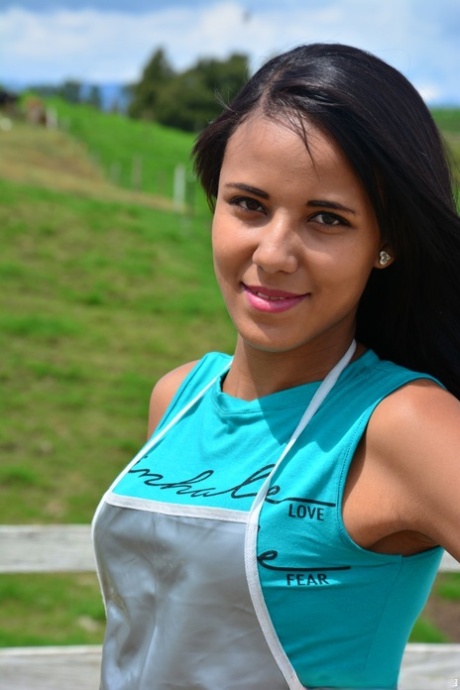 Black haired Latina farm girl teases with her hot ass while serving lunch