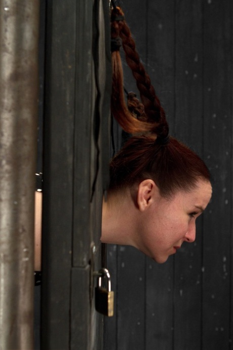 Teen AnnaBelle Lee gets humiliated while being trapped in a standing stock