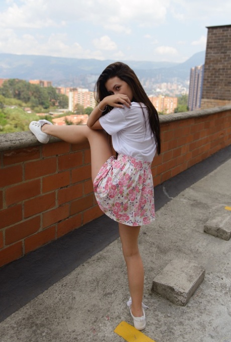 Sexy brunette babe Paloma Andaquies flashes an upskirt in panties