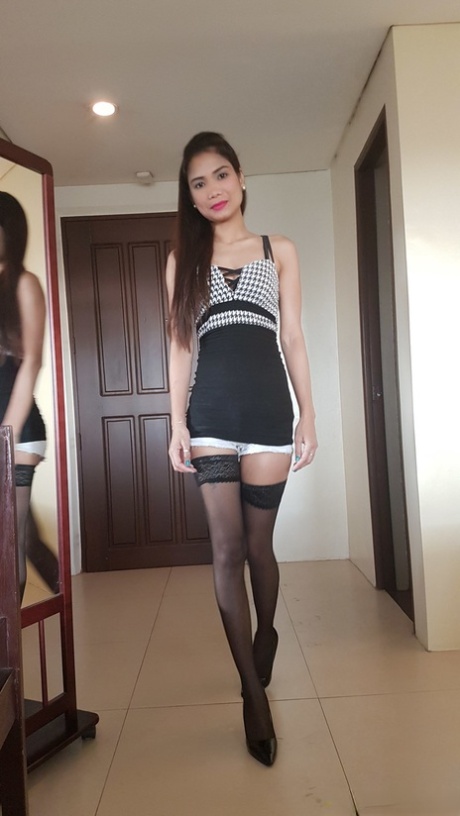 Cute Filipina Hazel Garcia strips to her stockings & gets her pussy fingered